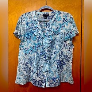 Floral, ruffled blouse.